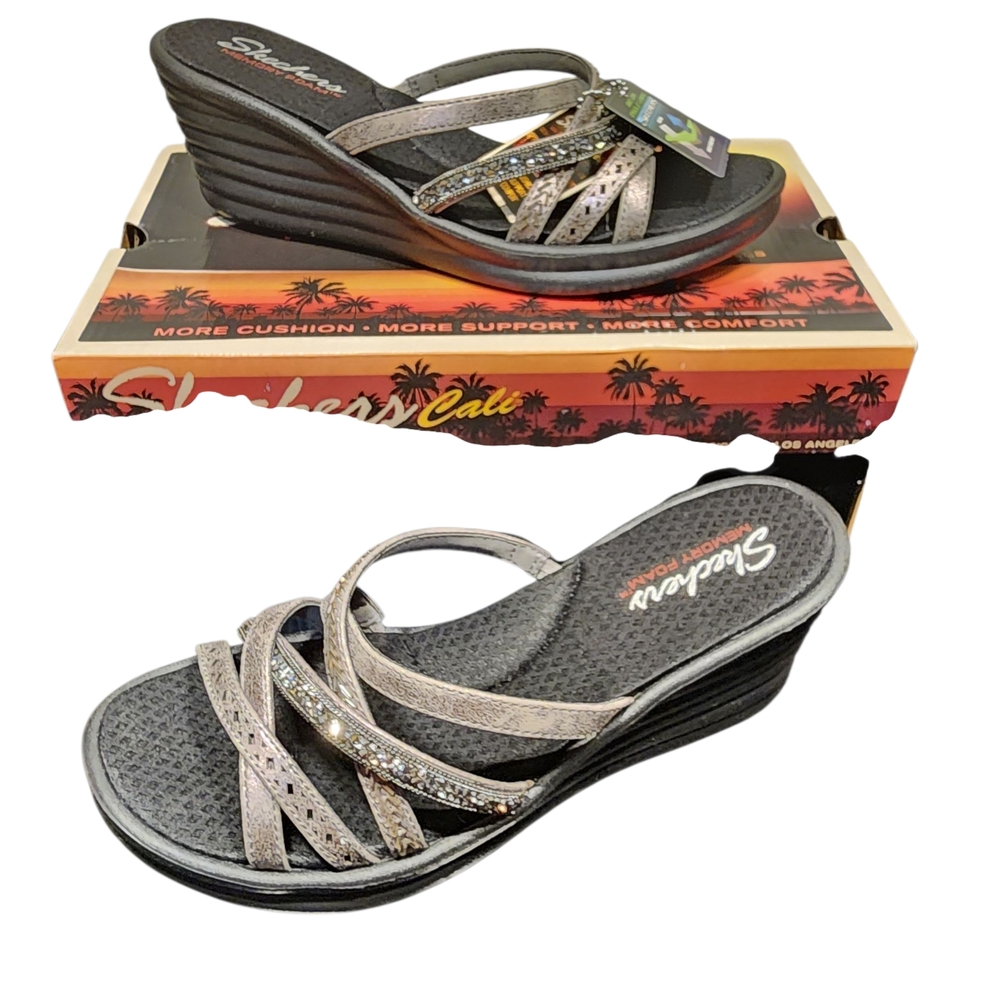 Skechers Cali Rumbler Wave NEW LASSIE Womens Wedge Sandal Slide in Pewter sz 9
